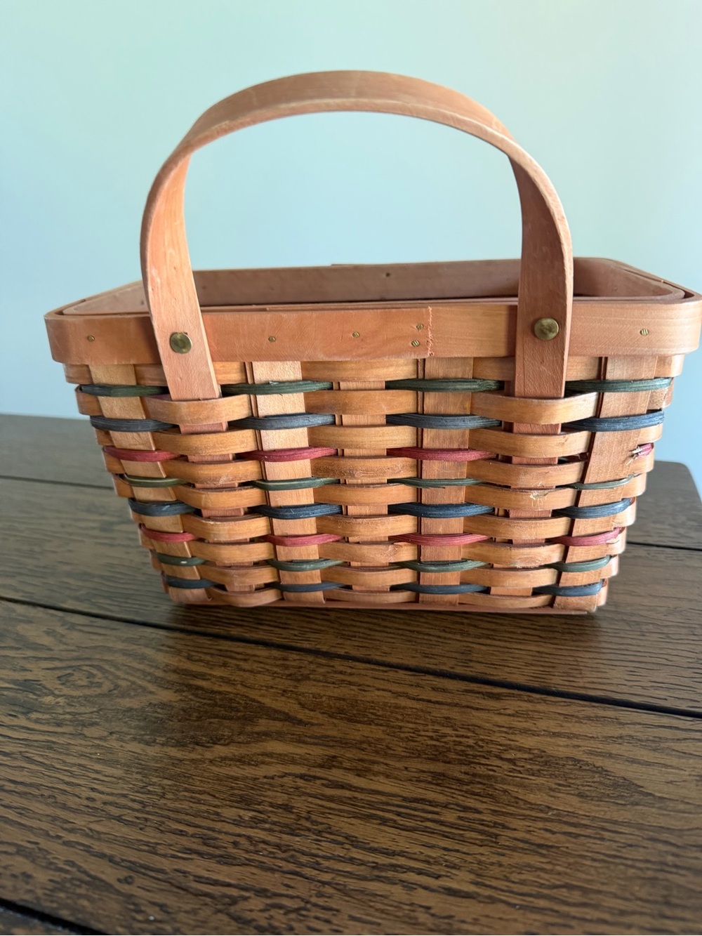 Vintage Woven Wood Market Basket Hanging Handle Rustic Primitive Farmhouse Deco - Picture 6 of 11